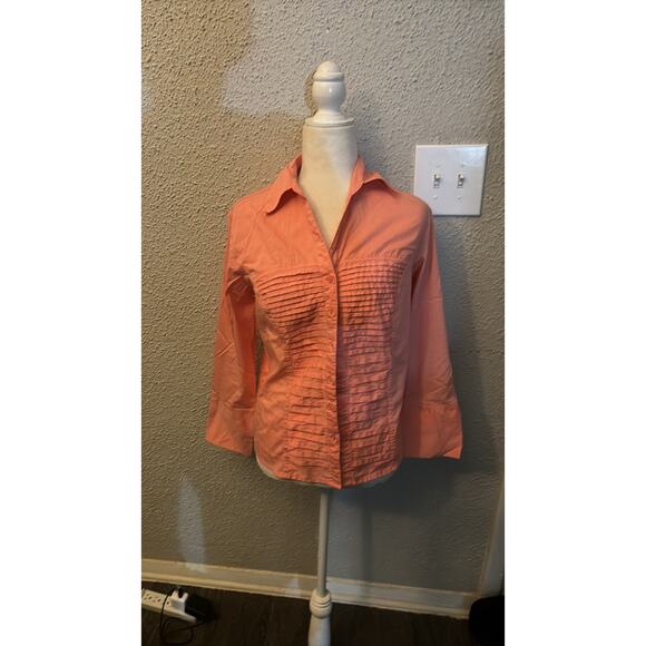 Dress Barn Pleated Front V-Neck Button Down Blouse S Peach Dopamine Classic - Picture 1 of 9